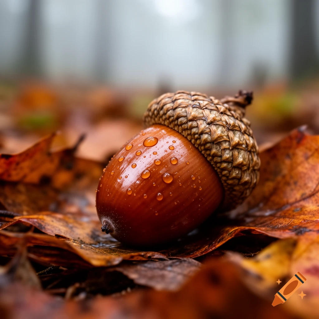 A close-up, photorealistic image of a dew-covered acorn on wet autumn leaves in a forest.