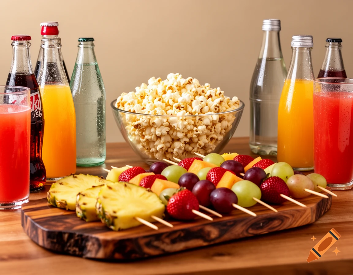 A table spread with fruit skewers, a bowl of popcorn, and various bottled and glass drinks.