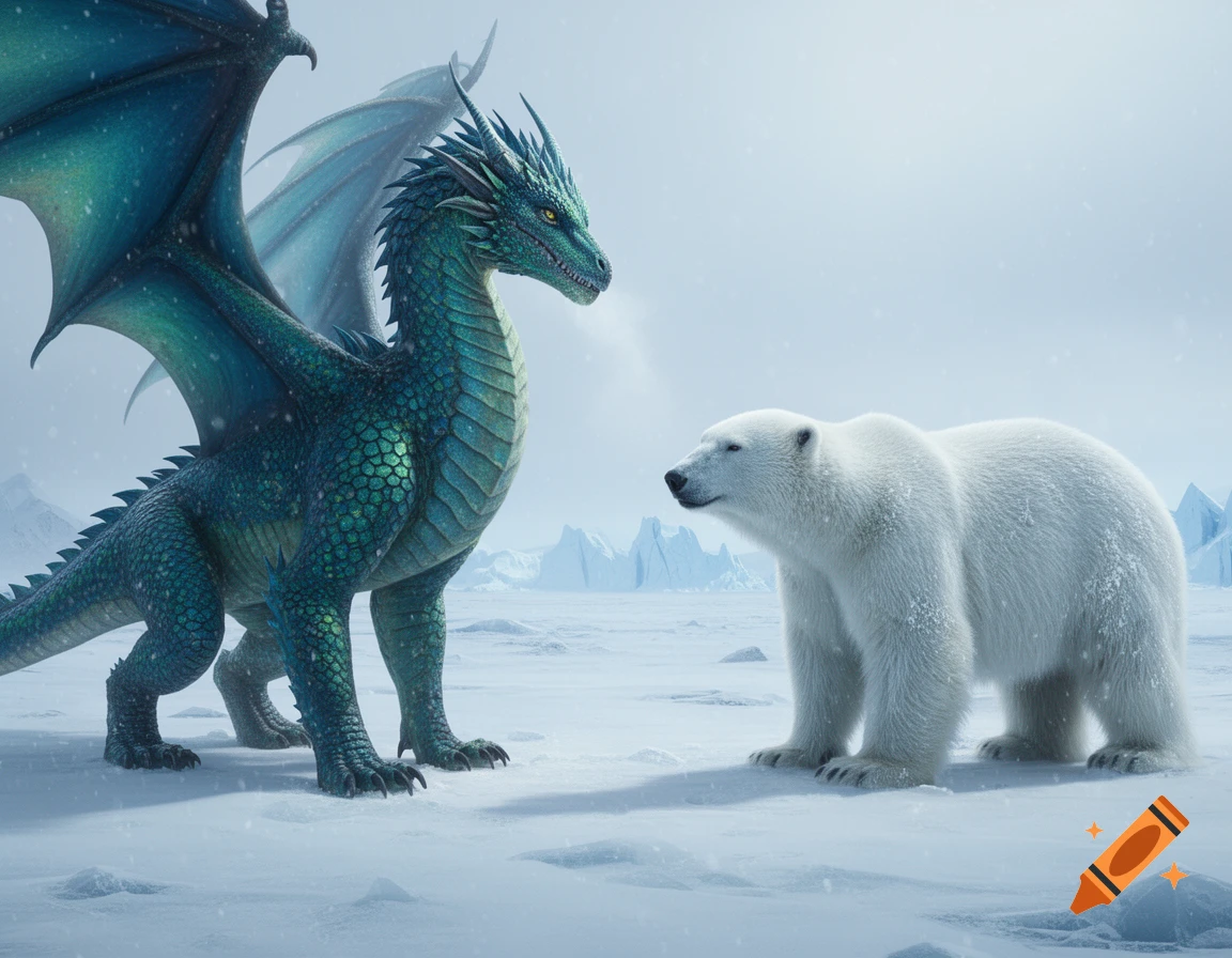 A majestic green dragon stands facing a white polar bear in a snowy arctic landscape.