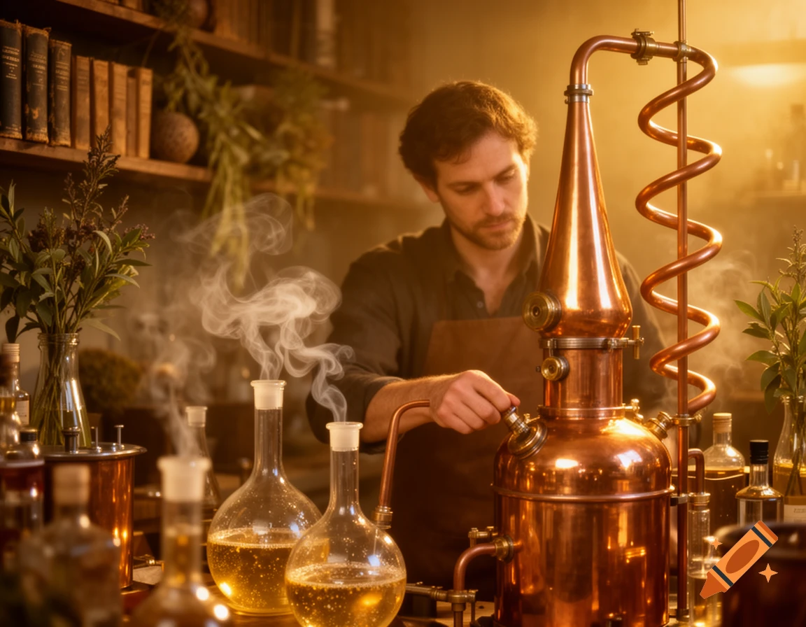 A man in an apron operates a copper still with steaming flasks in a warm, dimly lit workshop.