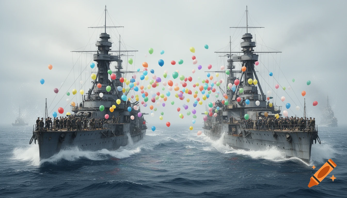 Two WWI-era battleships with soldiers on deck face each other on the ocean, engaged in a colorful balloon fight.