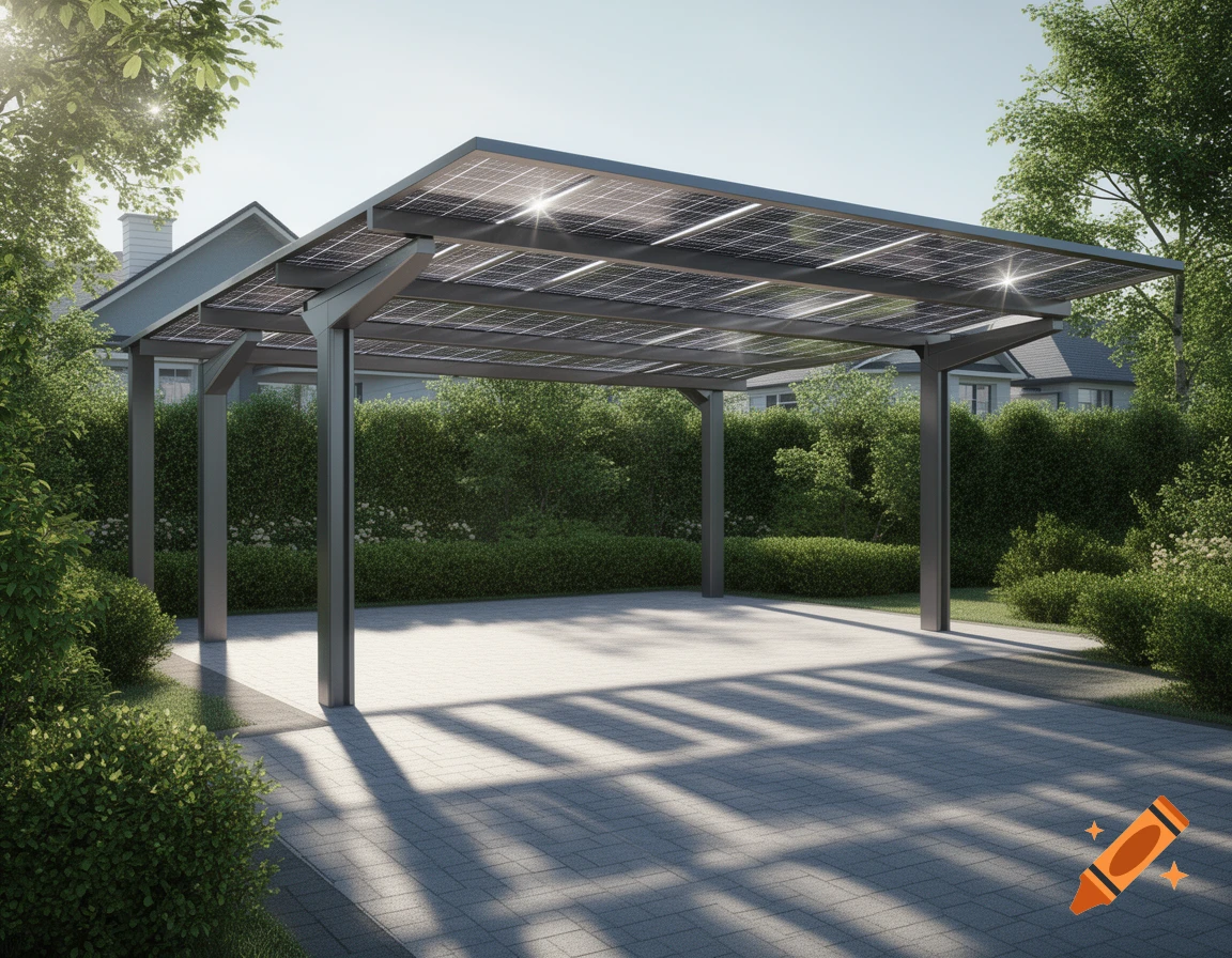 A modern carport with a roof covered in solar panels, casting striped shadows on the paved driveway on a sunny day.