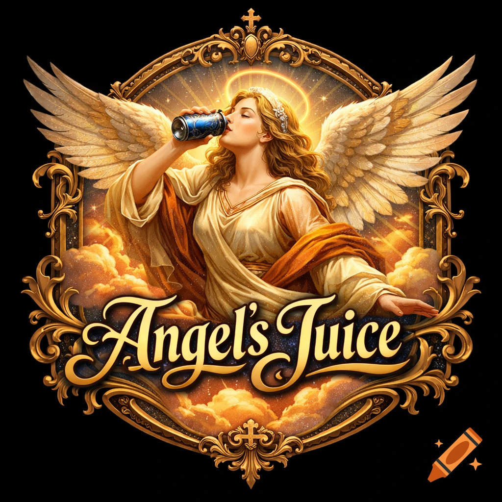 Ornate gold-framed logo featuring an angel drinking from a can, with a halo and clouds, and 'Angel's Juice' text below.