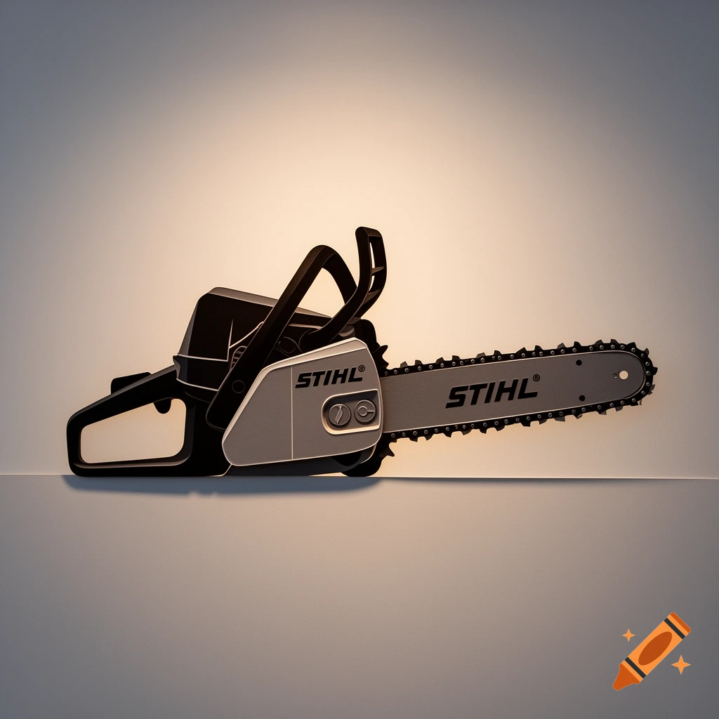 A black and gray Stihl chainsaw in a papercut silhouette style.