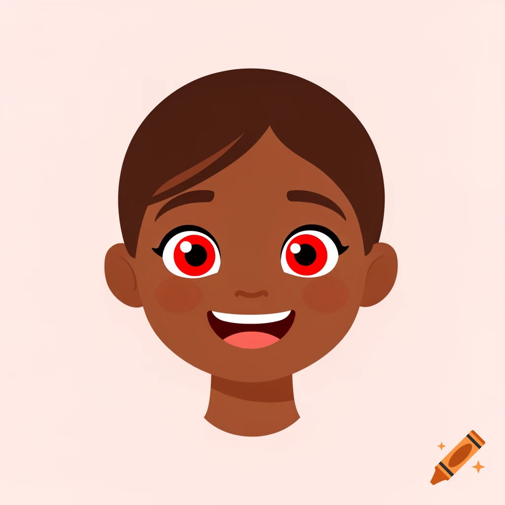 Cartoon head of a dark-skinned person with short brown hair, smiling broadly with large red eyes on a light pink background.