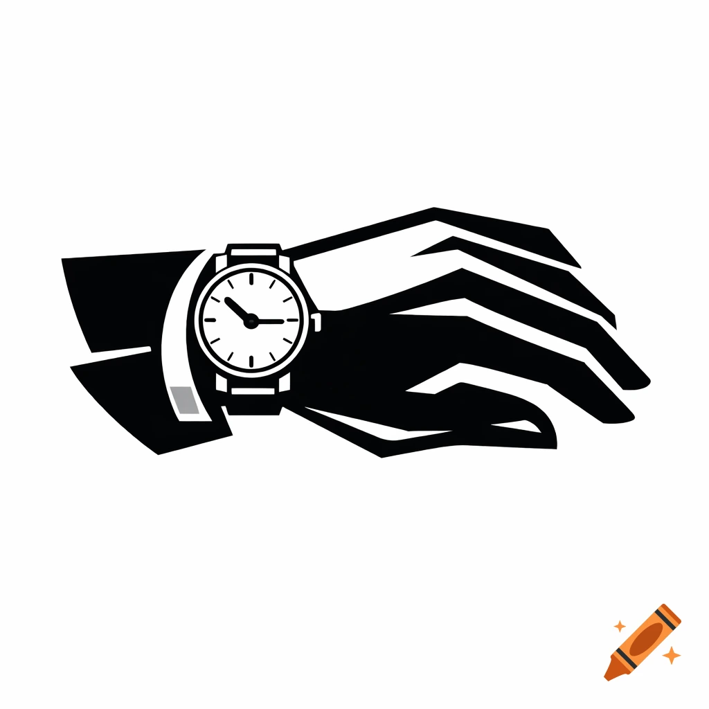 A stylized, high-contrast black and white graphic of a hand wearing a wristwatch, designed in a minimal logo style.