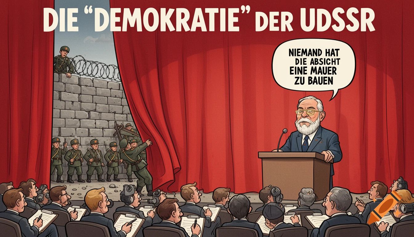 Political cartoon shows Walter Ulbricht denying wall construction while soldiers build it behind a curtain, satirizing Soviet "democracy".