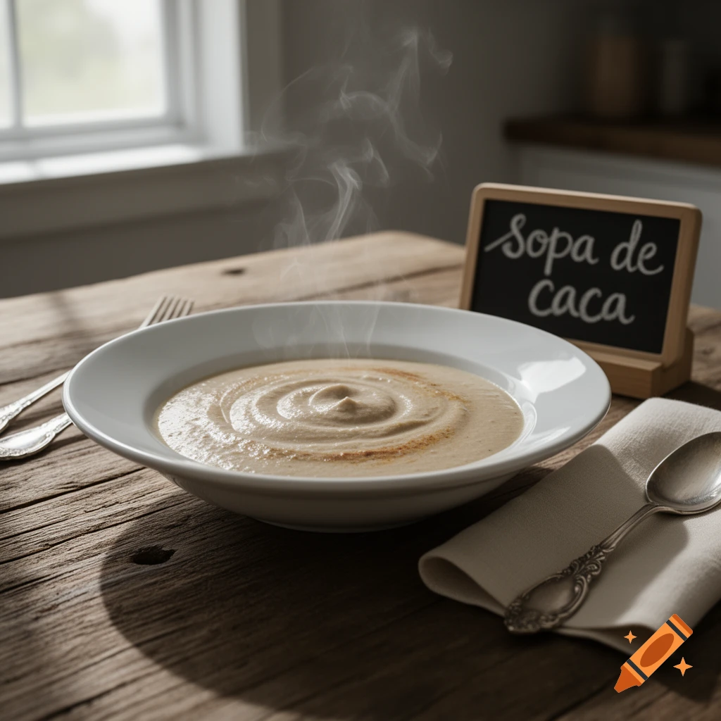 A bowl of steaming, creamy soup on a rustic wooden table with a spoon, napkin, and a chalkboard sign that reads "Sopa de caca".