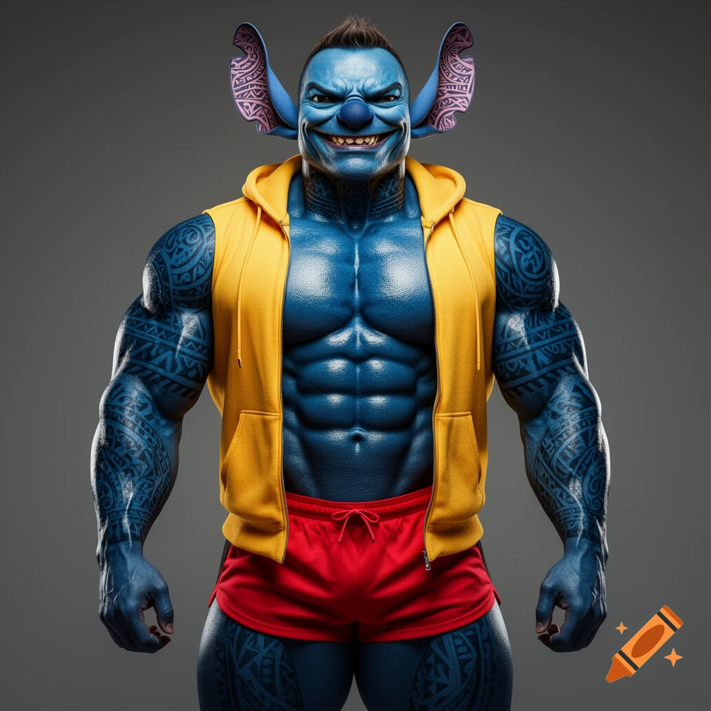 A highly muscular, blue-skinned Stitch bodybuilder with Polynesian tattoos, wearing a yellow open hoodie and red shorts, grinning confidently.