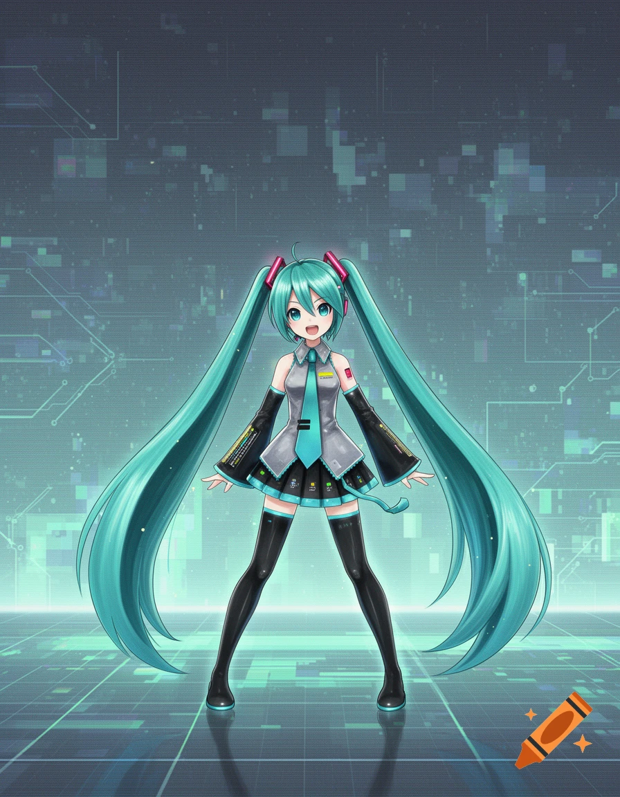 A full-body anime illustration of Hatsune Miku with long teal pigtails, wearing her signature outfit, against a digital circuit background.