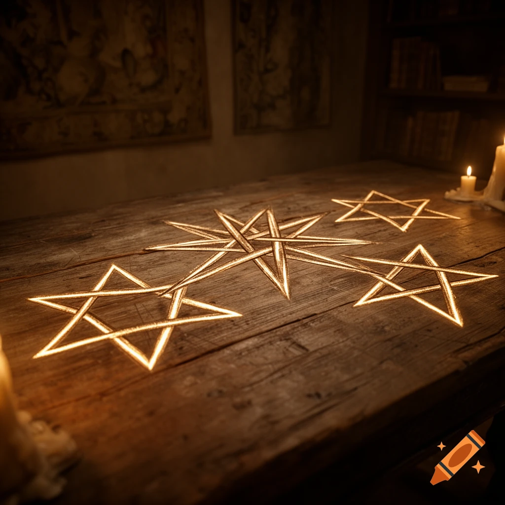 Glowing pentagrams and a large star symbol illuminate a rustic wooden table, flanked by flickering candles in a dim, atmospheric room.