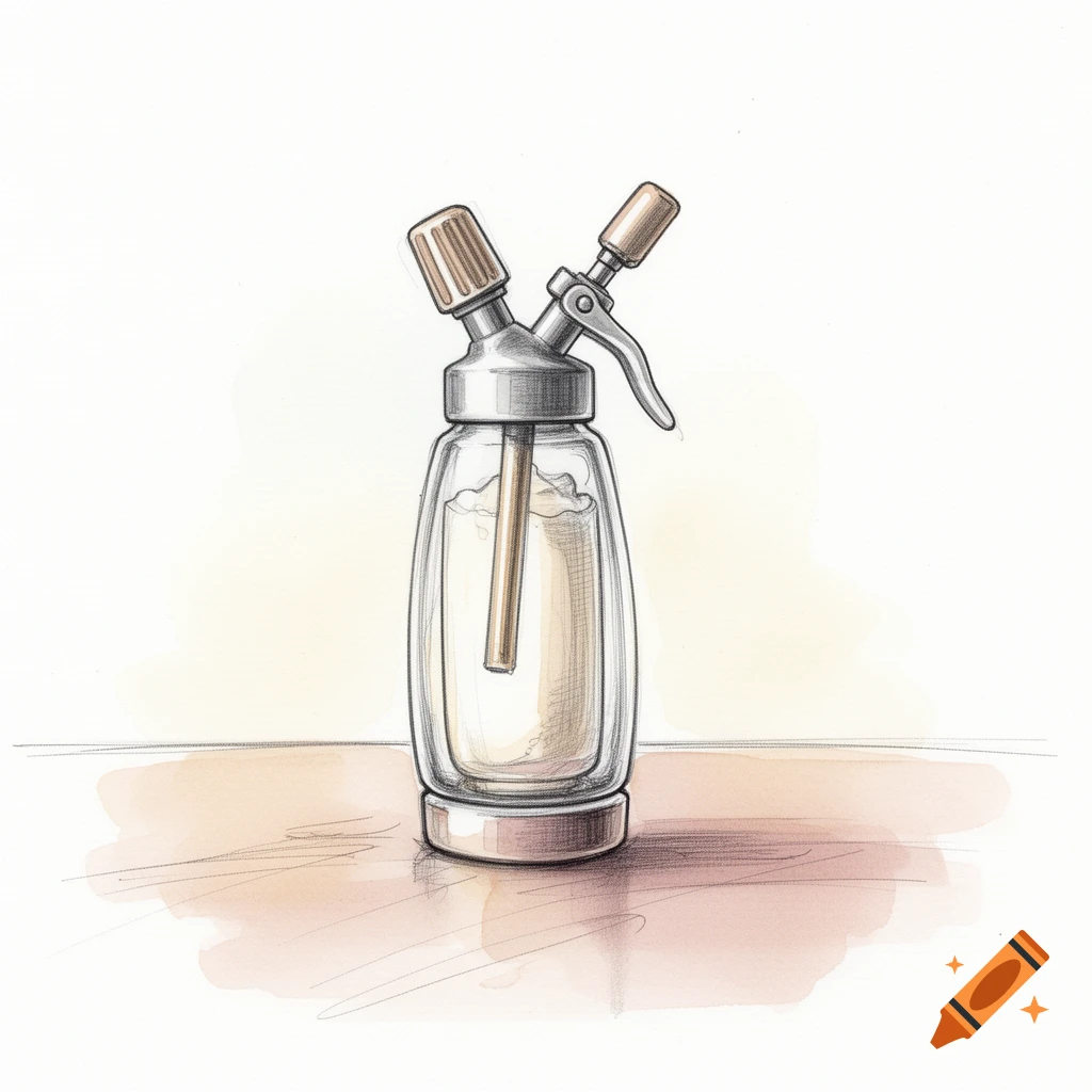 A hand-drawn illustration of a cream whipper with fine pencil lines and light watercolor shading on a table.