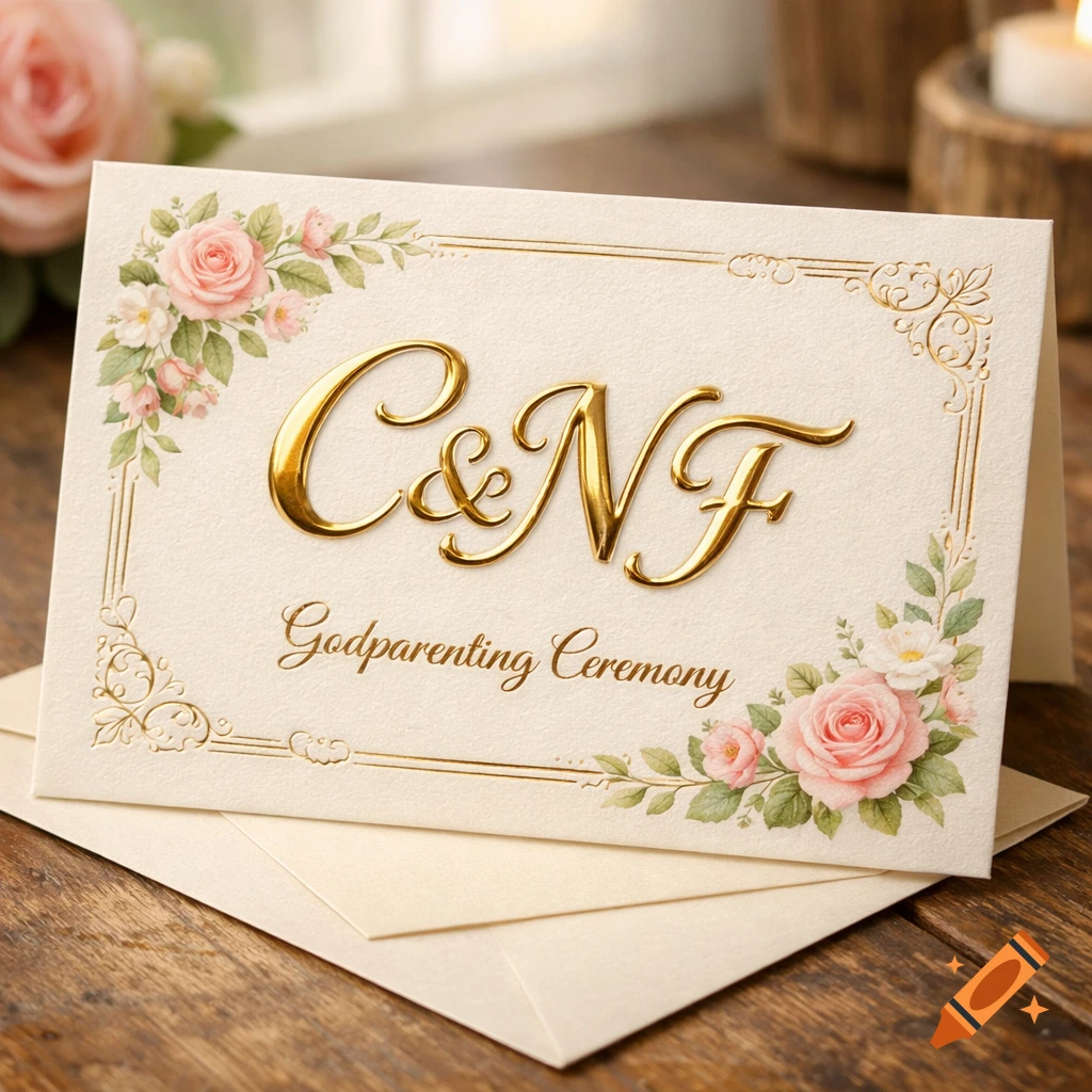 An elegant, upright greeting card with gold embossed C & N F and 'Godparenting Ceremony' text, adorned with pink roses and ornate gold borders, on a wooden surface.