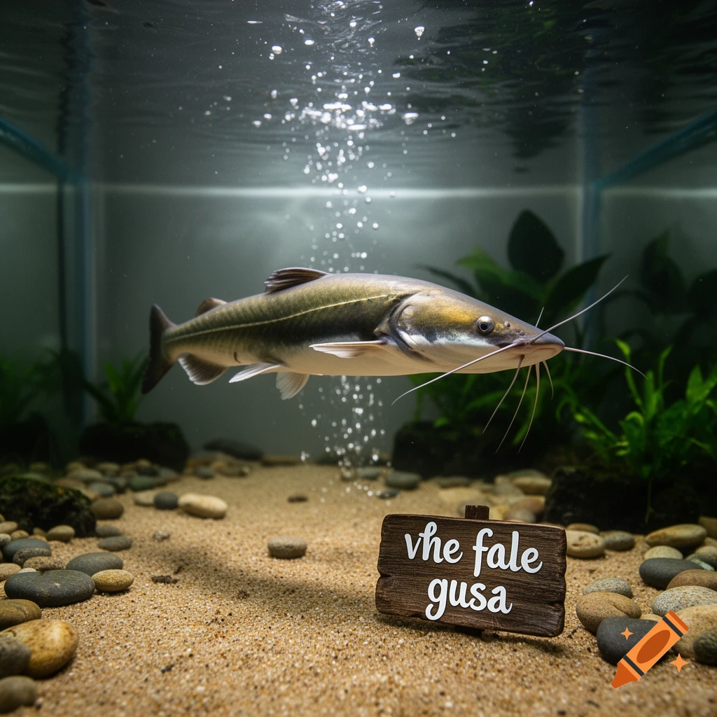 A catfish swims in a clear aquarium with sand, rocks, plants, and a small wooden sign on the bottom.