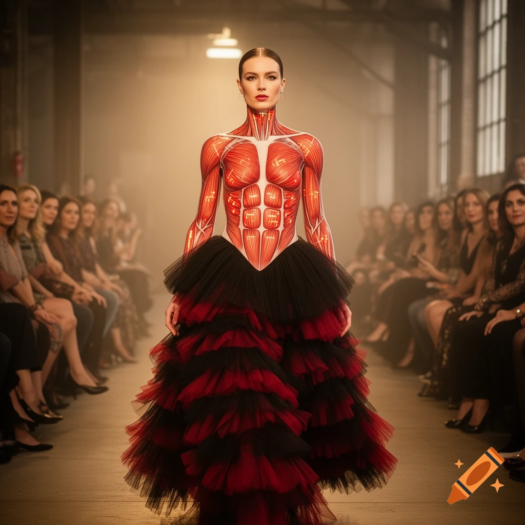 Model on a runway in a dress featuring a muscle-simulating bodice and a voluminous black and red tulle skirt, audience blurred.