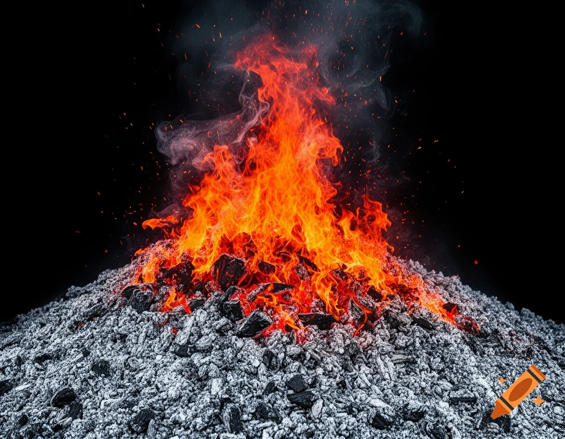 Intense orange and red fire with smoke and embers burning on a large pile of gray ashes against a black background.