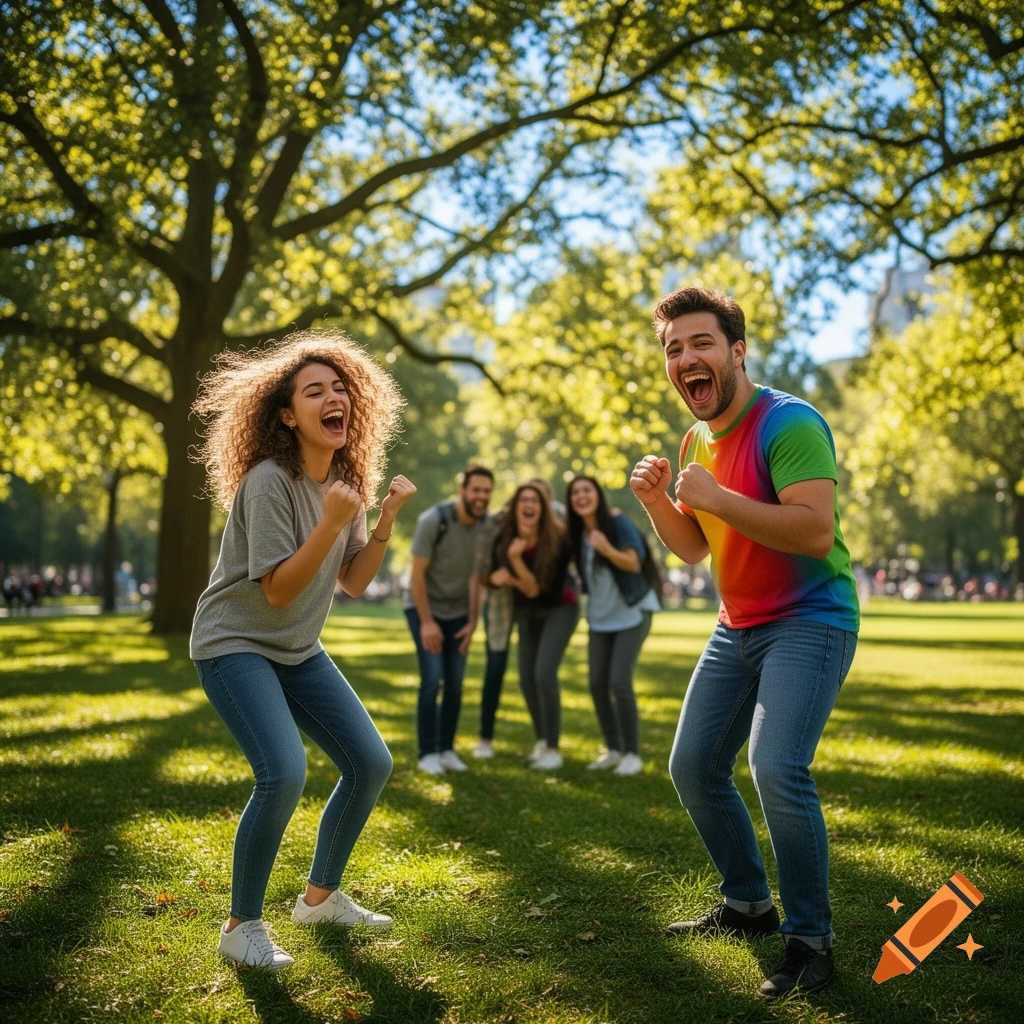 A joyful woman and man cheer in a sunny park with friends in the background.