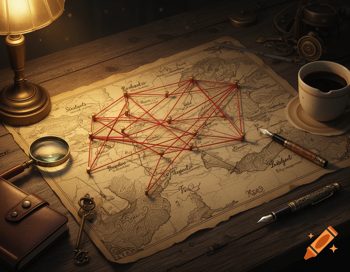 A vintage-style detective map with red strings connecting pins on a wooden desk, surrounded by a magnifying glass, lamp, notebook, key, pens, and a coffee cup.