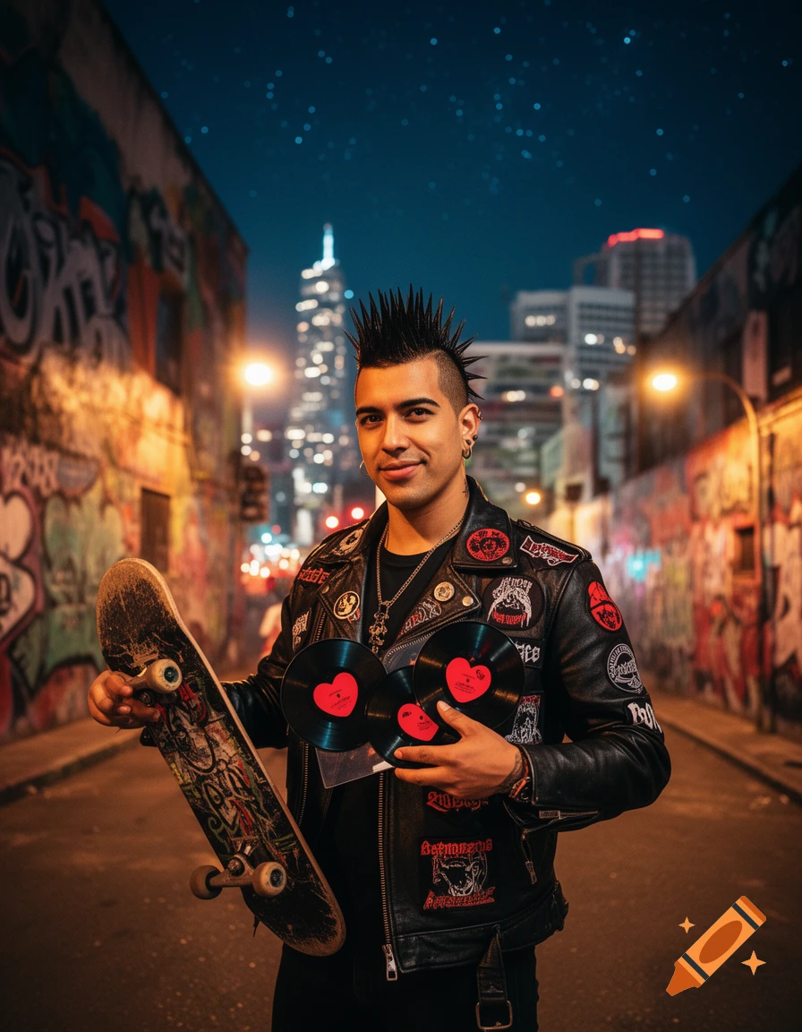 A punk rocker with spiky hair holds a skateboard and heart-shaped vinyl records in a graffiti-filled city alley at night.