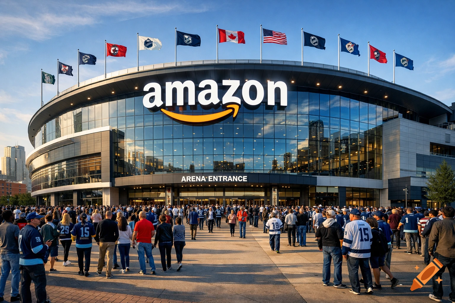A photorealistic image of a large Amazon-sponsored sports arena entrance at sunset, with a crowd of people walking towards it.
