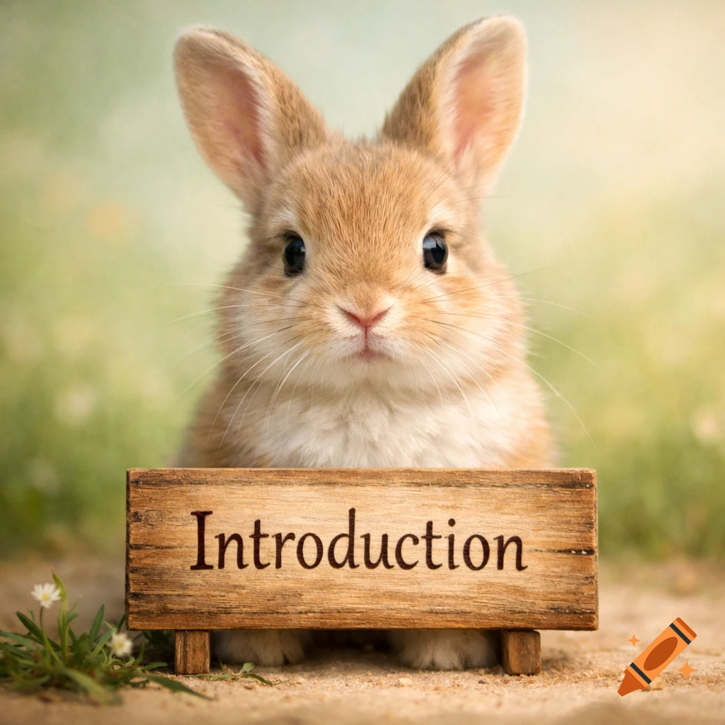 A cute brown bunny with large ears holding a wooden sign that reads 'Introduction' in an outdoor setting.