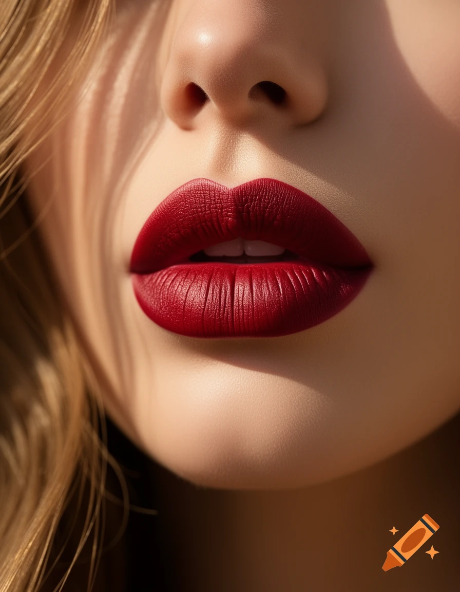 Close-up of a woman's face focusing on her large, deep red lips, with light skin and blonde hair softly framing her face.