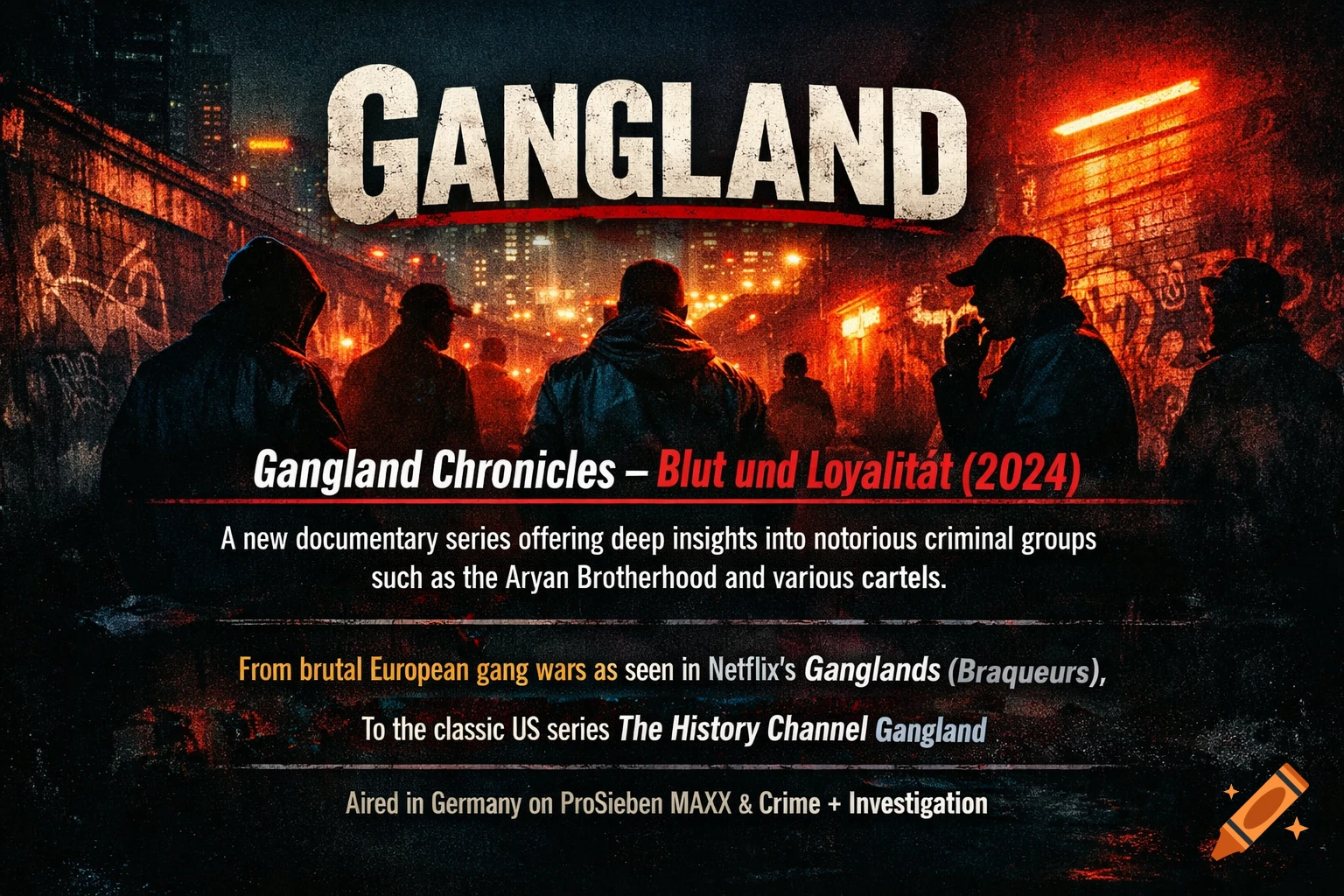 A gritty, cinematic poster for 'GANGLAND Chronicles,' featuring silhouettes of figures in a dark, neon-lit urban alley with graffiti.
