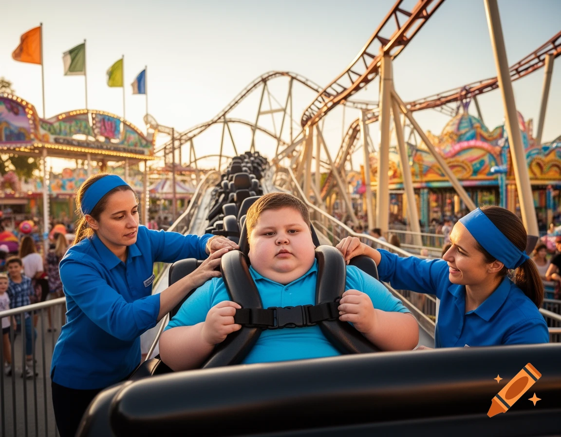A photorealistic image of a serious-looking overweight boy on a roller coaster while two female park employees in blue uniforms secure his harness.