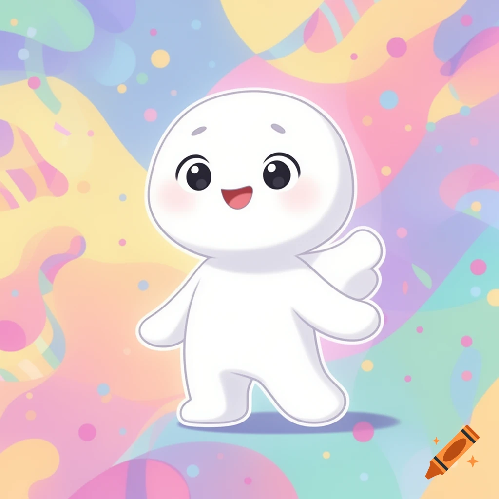 A cute, happy, white blob-like cartoon character with rosy cheeks and small wings stands on a pastel, abstract background.