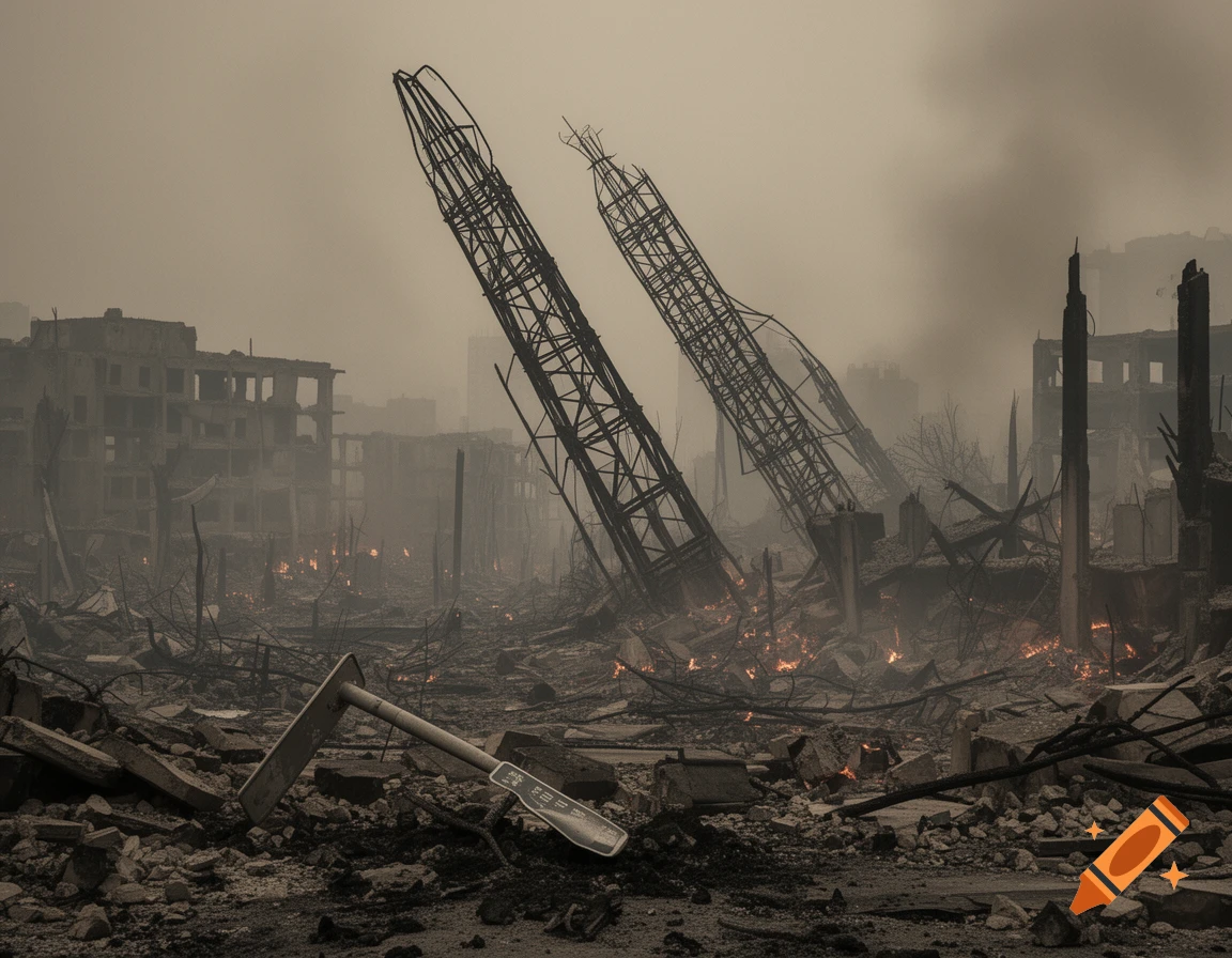 A desolate, war-torn city in ruins with burning rubble, collapsed buildings, and two leaning skeletal structures under a smoky sky.