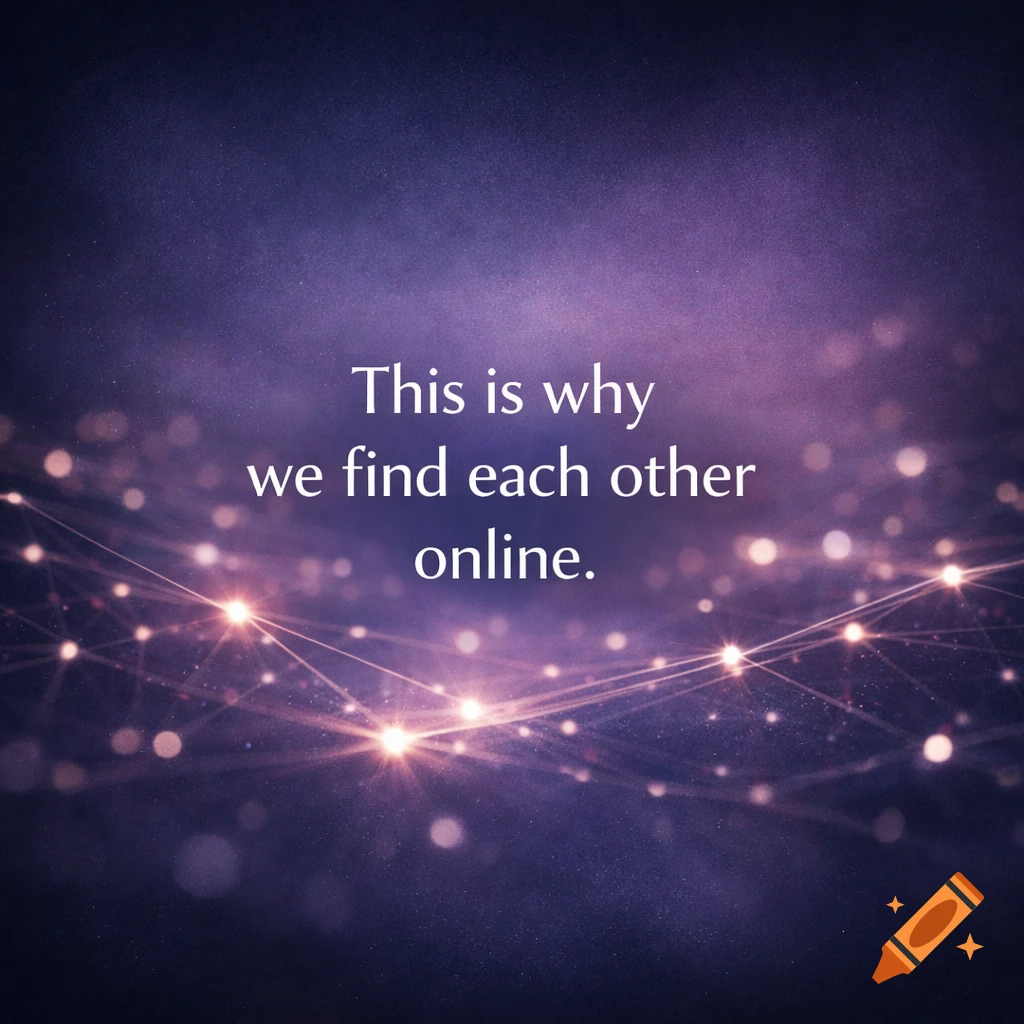 White text 'This is why we find each other online.' on a dark purple abstract background with glowing interconnected light trails.