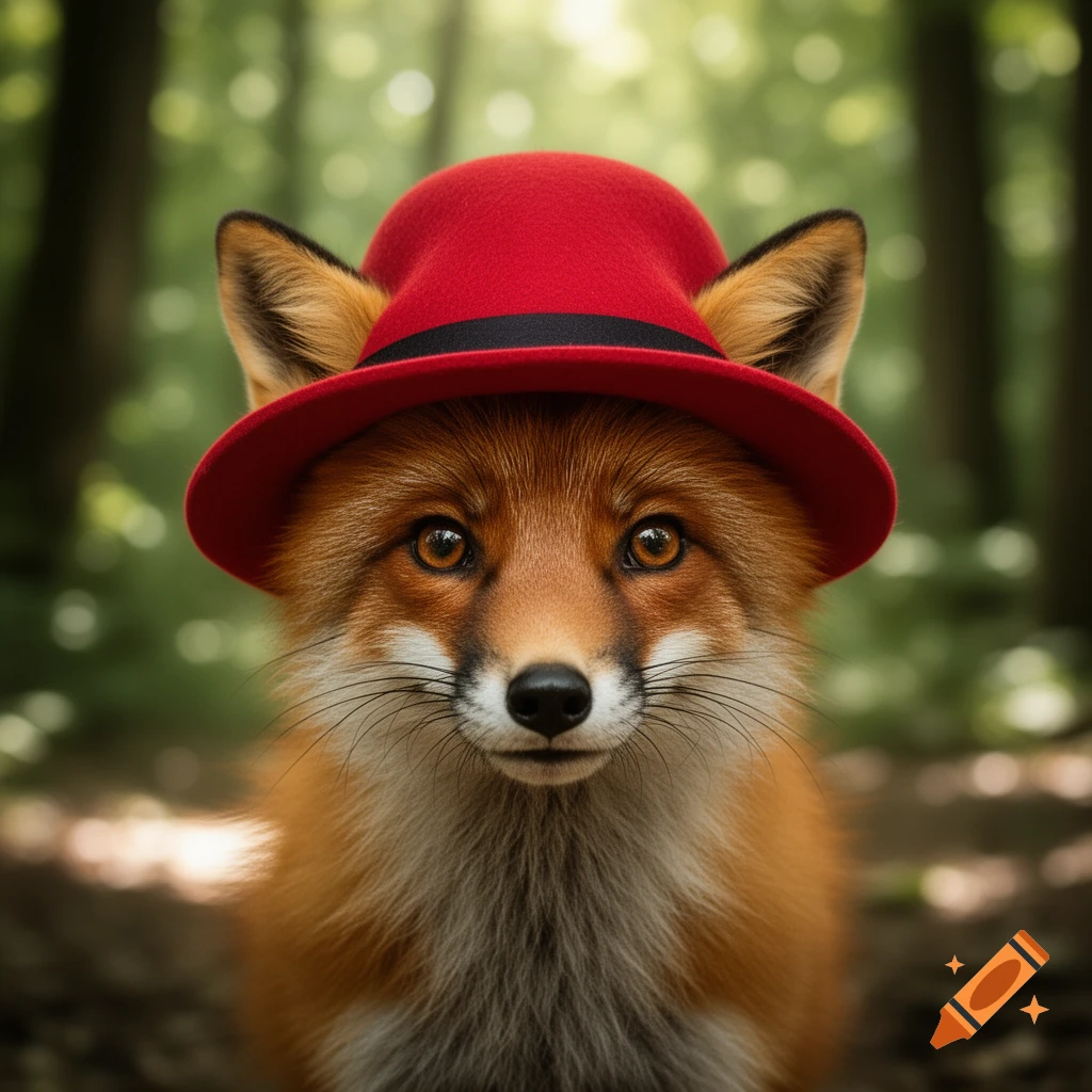 A photorealistic fox wearing a red hat, looking directly at the viewer in a forest.
