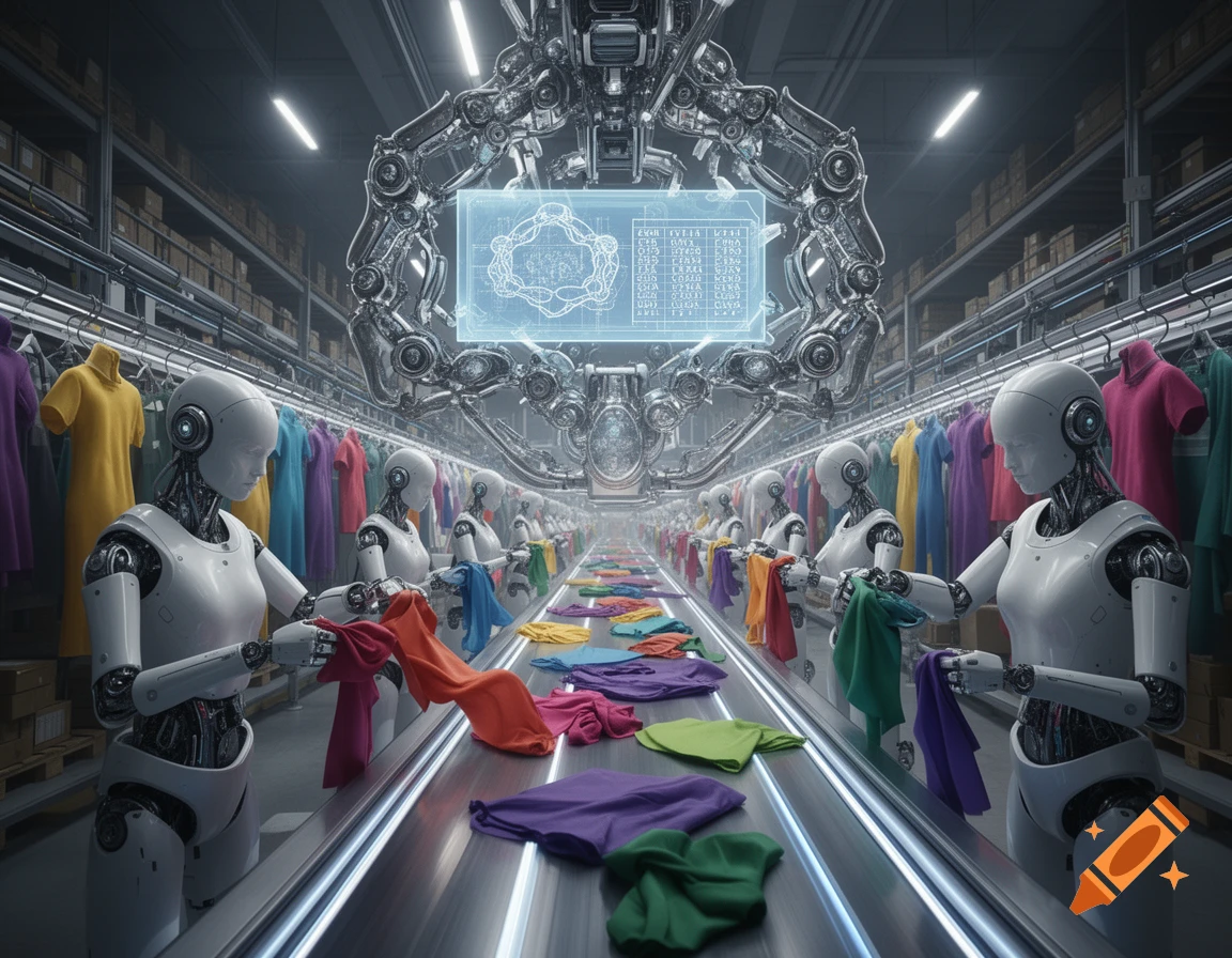 A futuristic factory where humanoid robots sort colorful clothes on a conveyor belt under a holographic display.