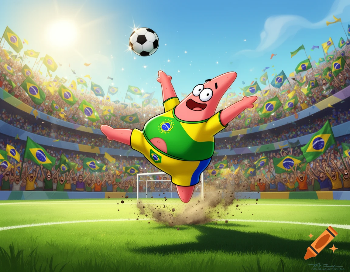 Cartoon Patrick Star in a Brazilian soccer jersey jumps to kick a ball in a packed stadium with Brazilian flags.