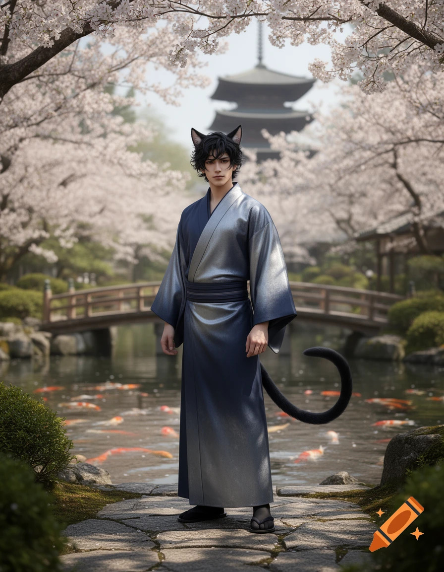 A male cat-boy in a silver and blue kimono stands in a photorealistic Japanese garden with cherry blossoms, a pagoda, and a koi pond.