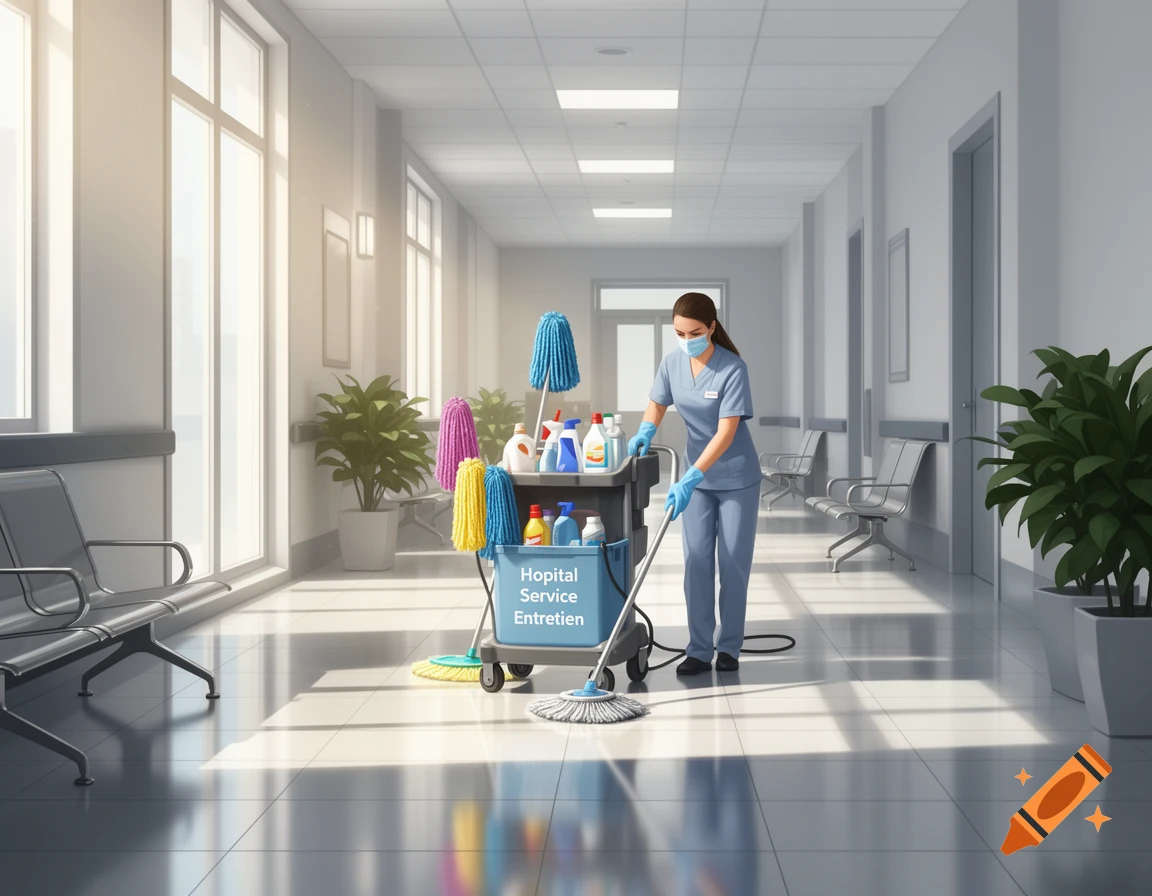 A female cleaner wearing a mask and gloves mops the floor in a bright hospital corridor next to a full cleaning cart.