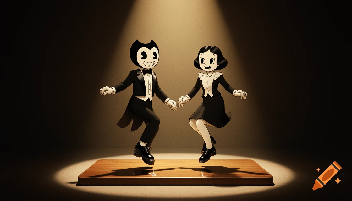 Bendy and Alice Angel in tuxedos tap dancing on a spotlighted wooden stage in classic cartoon style.