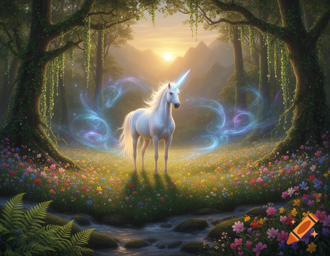A majestic white unicorn stands amidst a vibrant wildflower meadow with a stream, surrounded by ancient trees and glowing magical wisps at sunset.