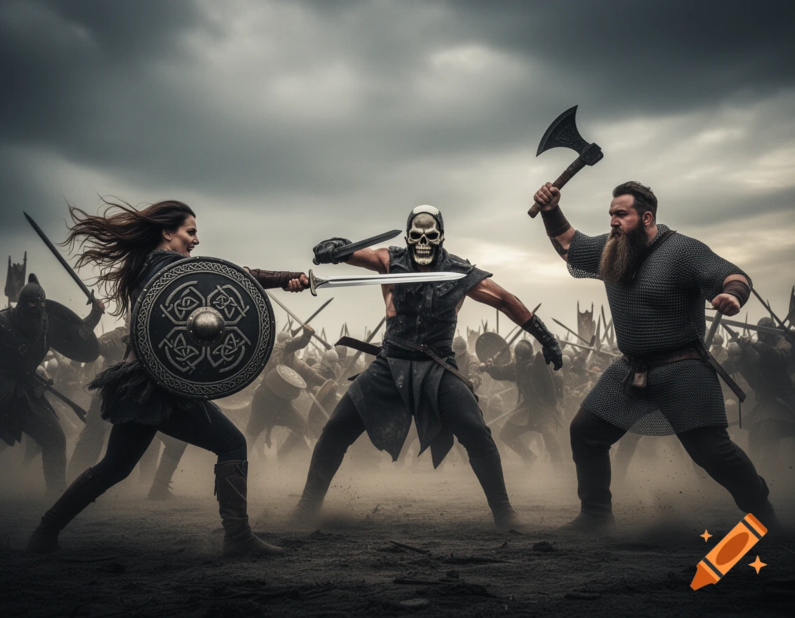 Three warriors, including a woman with a shield, a man in a skull mask, and a bearded man with an axe, engage in a dramatic battle on a dusty field under a cloudy sky.