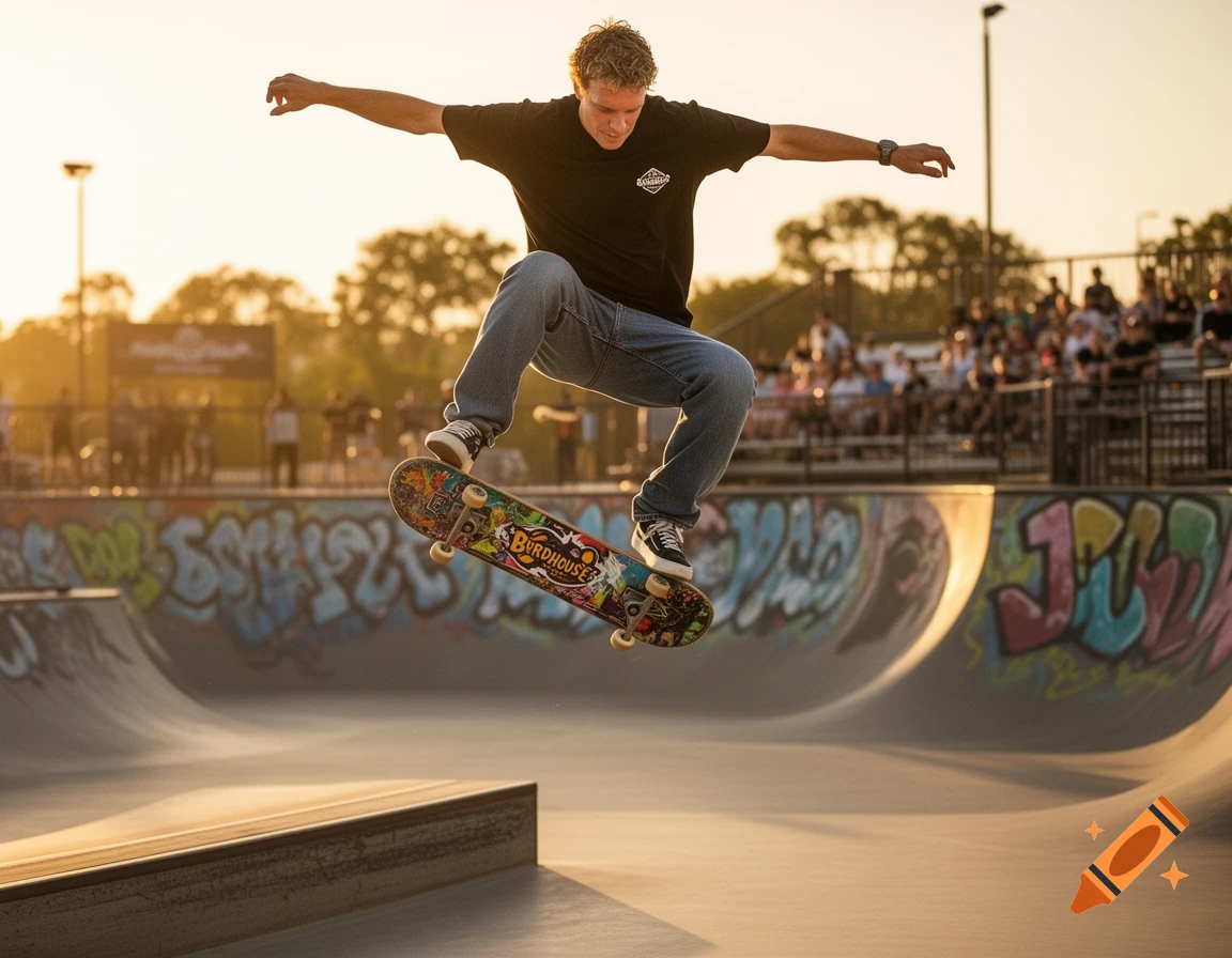 A young man performs an aerial trick on a skateboard in a skate park, silhouetted against a golden sunset, photorealistic style.