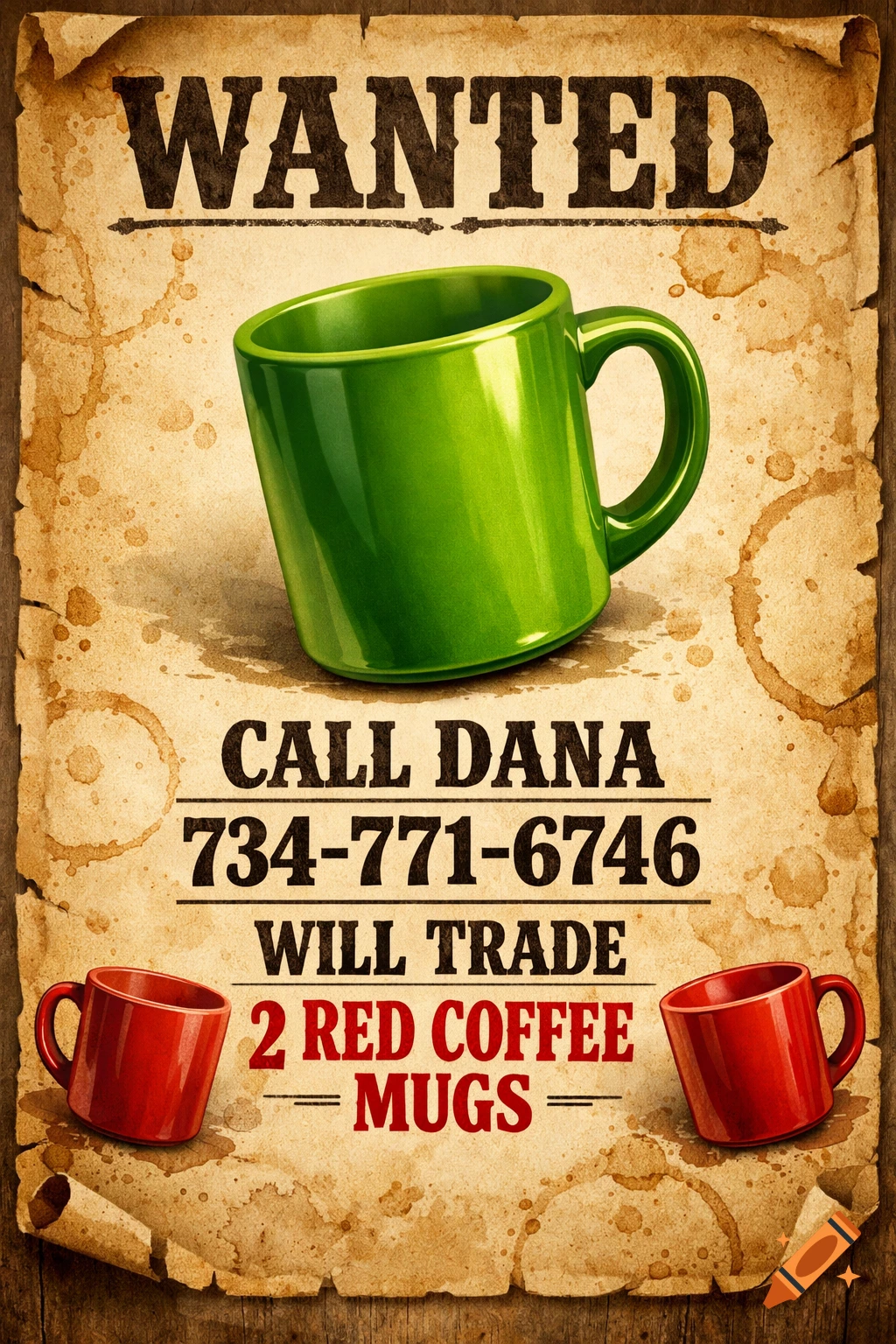 A stylized wanted poster on old, coffee-stained paper, featuring a green coffee mug. Text requests calling Dana at 734-771-6746 to trade for two red coffee mugs.