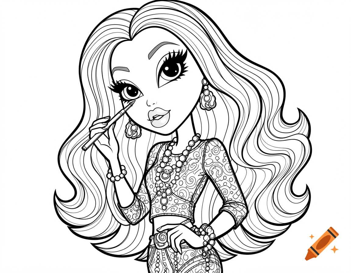 Black and white line art coloring page of a Bratz-style doll with long wavy hair, wearing jewelry and a patterned top, applying eyeliner.