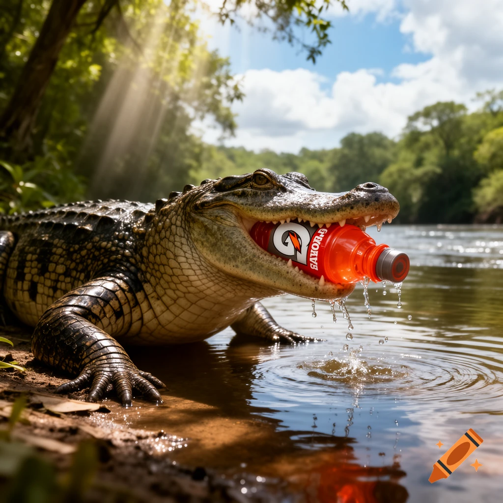 A photorealistic alligator emerges from a river, holding a red Gatorade bottle in its mouth under a sunny sky.