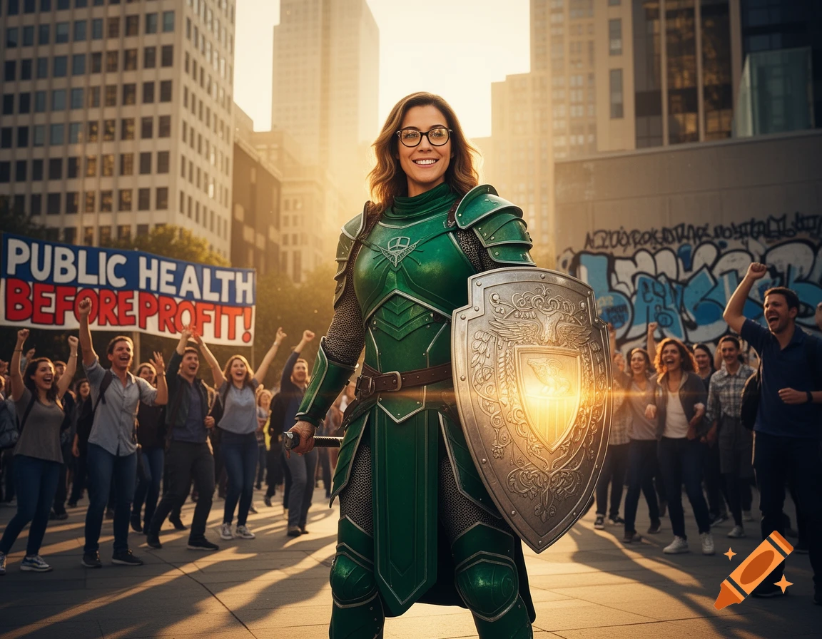 A smiling female warrior in green armor and glasses with a glowing shield stands before a protesting crowd and a banner in a city.