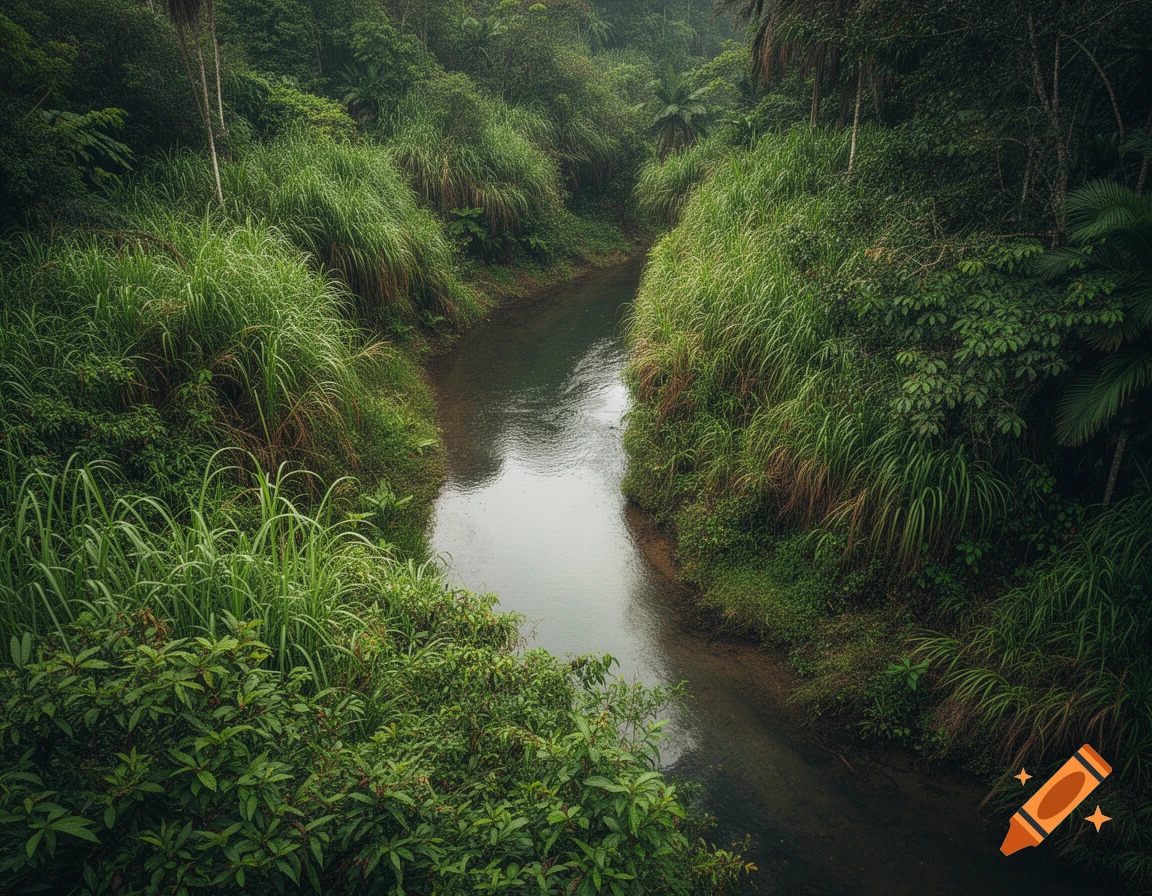 A winding river flows through a dense, lush green jungle with tall grass and trees, viewed from above.