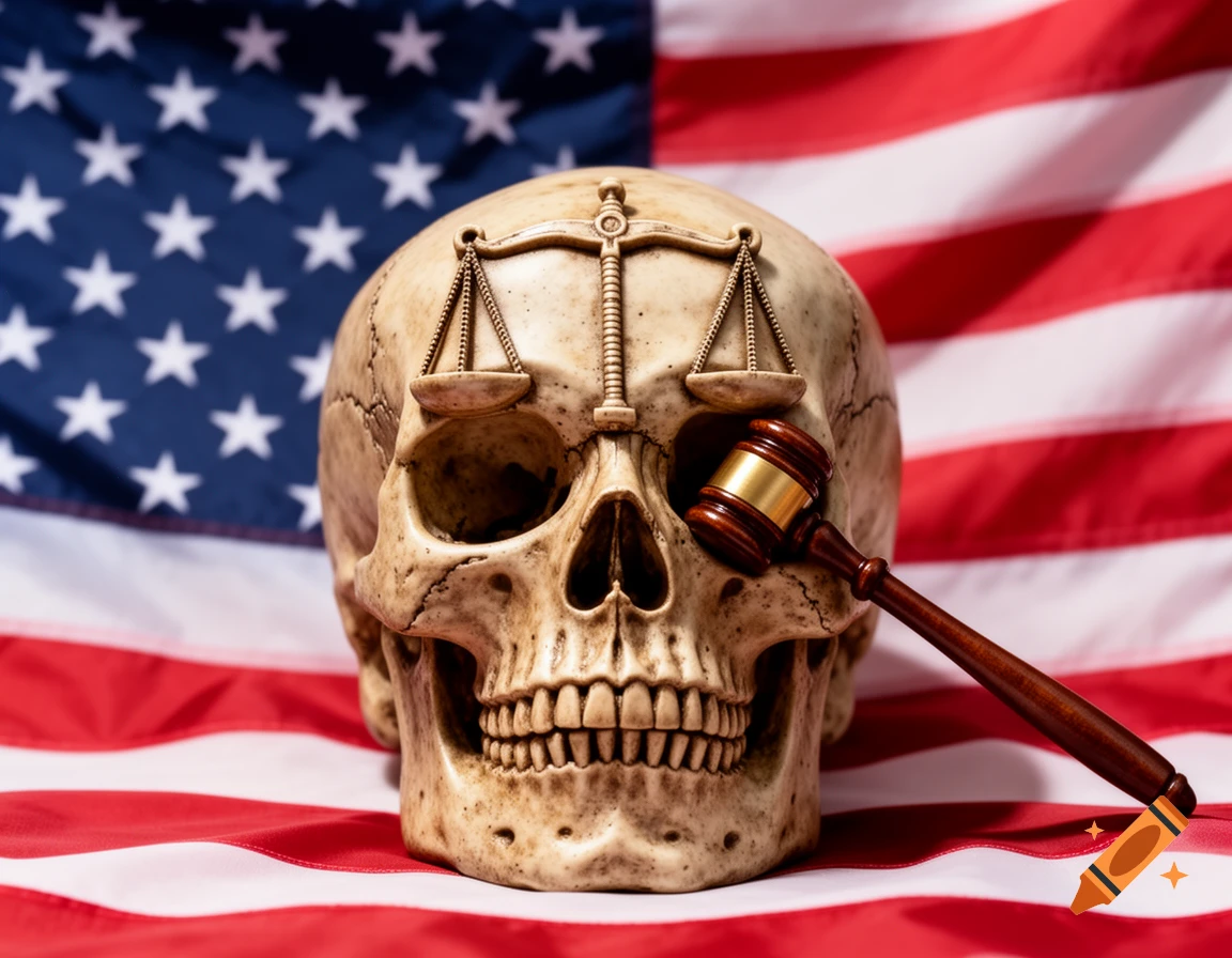 Photorealistic image of a skull with scales of justice and a gavel on an American flag.