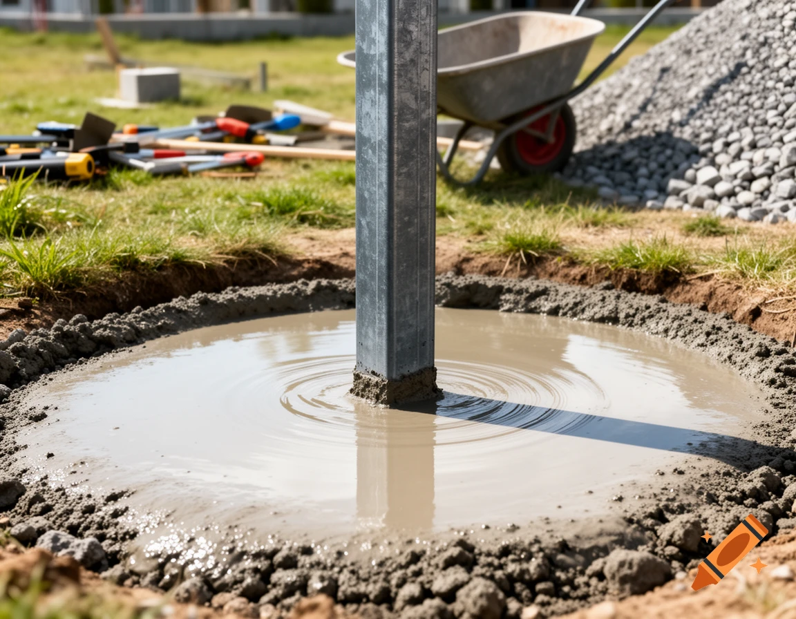 A metal post set into wet concrete in a grassy area, with construction tools, a wheelbarrow, and gravel in the background.