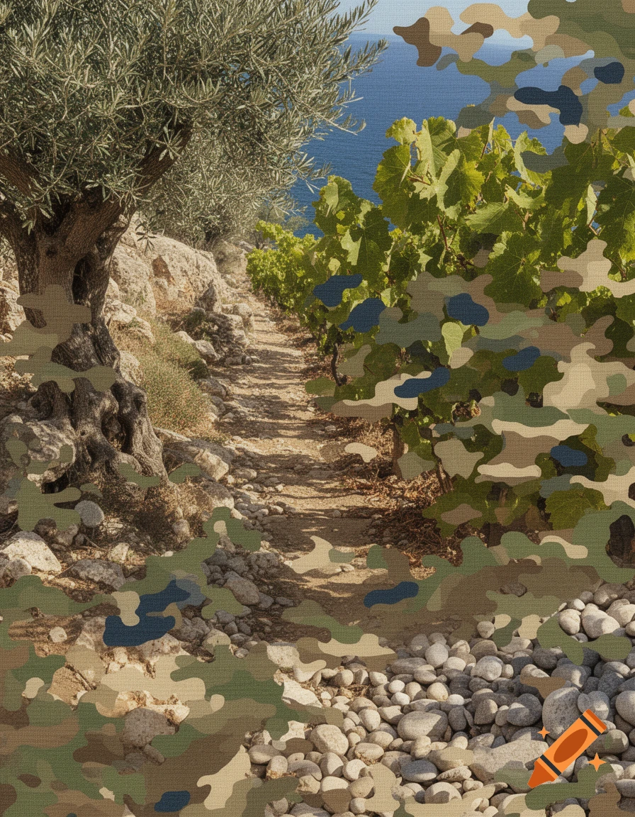 Photorealistic Mediterranean landscape with an olive tree, vineyard, rocky path, and sea, overlaid with a green and brown camouflage pattern.