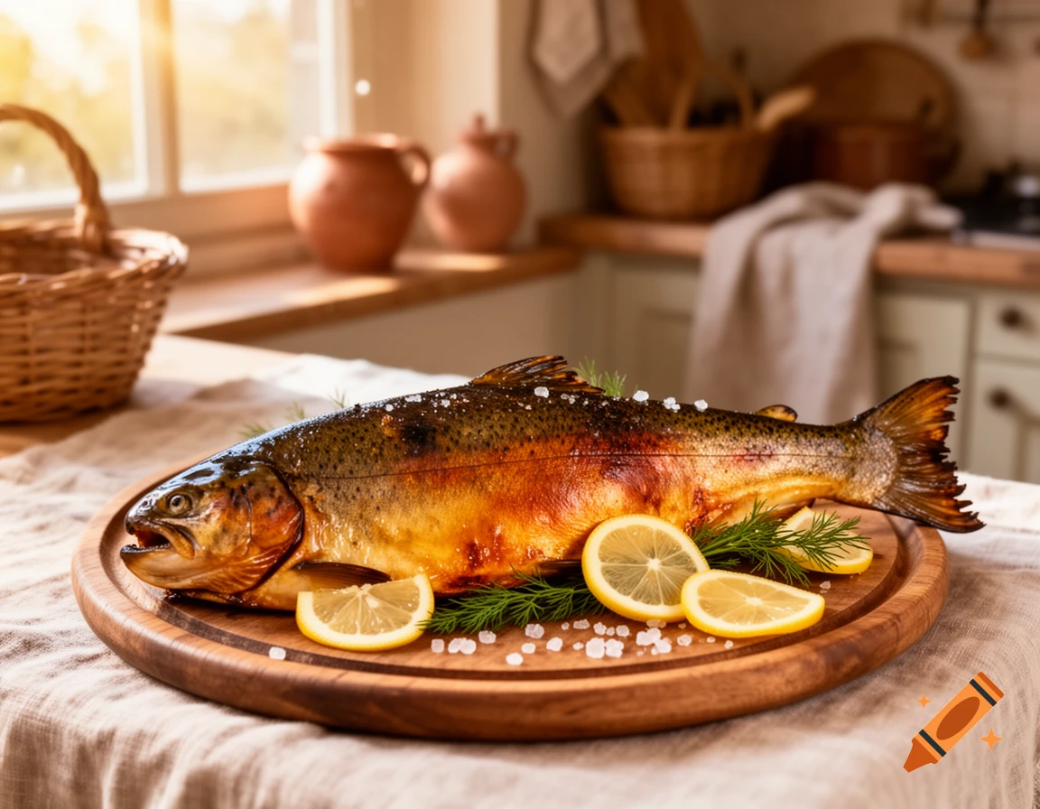 A whole roasted or smoked fish, possibly trout or char, garnished with lemon slices, dill, and sea salt on a wooden board in a sunny kitchen.