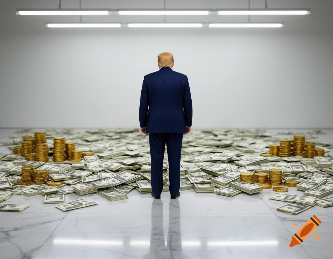 A man resembling Donald Trump, seen from behind, stands in a large, bright room filled with scattered money and piles of gold coins on a reflective marble floor.